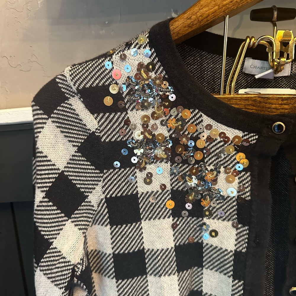 Charter Club Colorful Sequin Gingham‎ Buffalo Plaid Button Down Cardigan Size PL - Picture 3 of 11